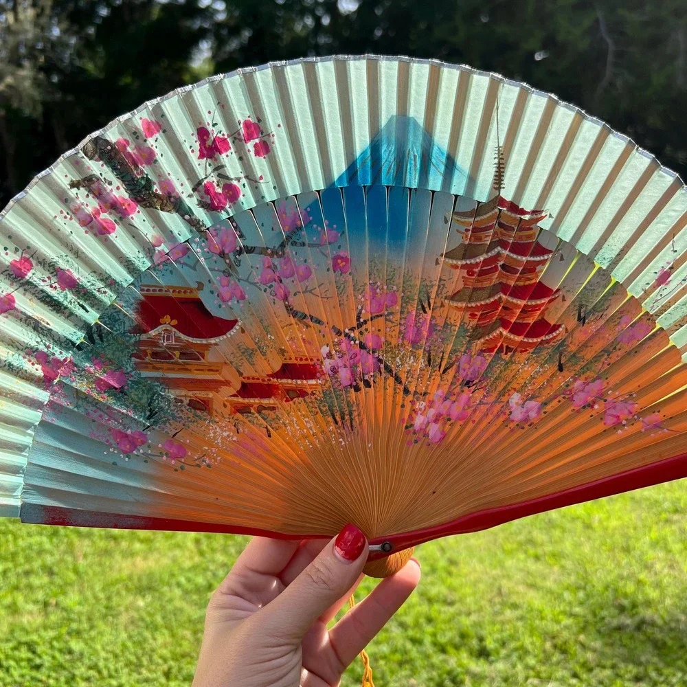 Vintage Hand-Painted Japanese Hand-Held Folding Wood Fan